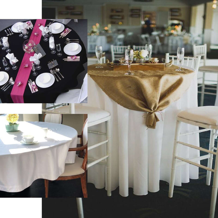 Elegant table settings with various linens and decor for special events.