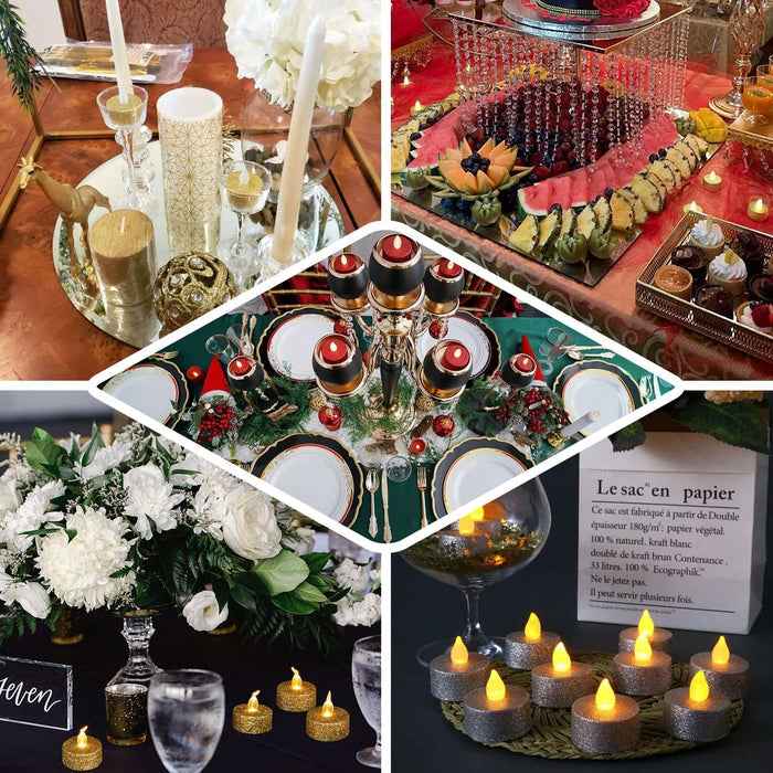 Elegant holiday table settings with candles, decorations, and gourmet food.