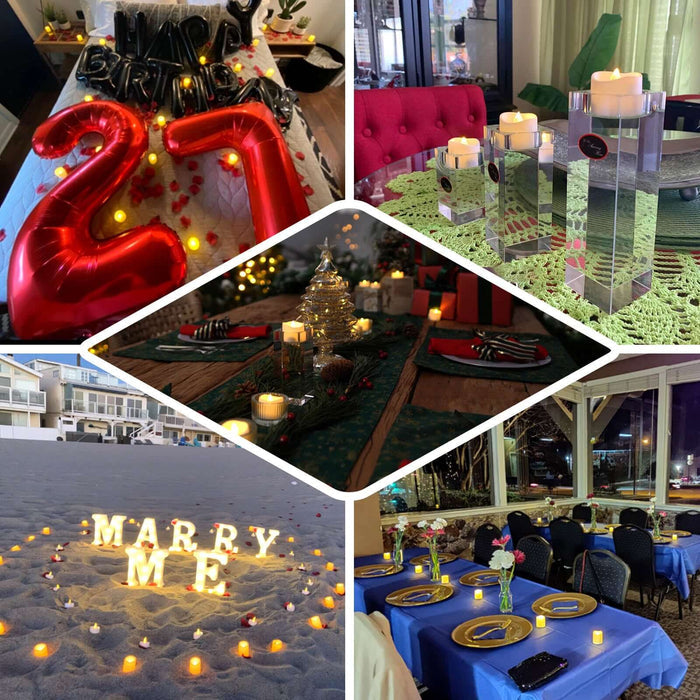 Collage of wedding decor and celebration elements, including candles and table settings.