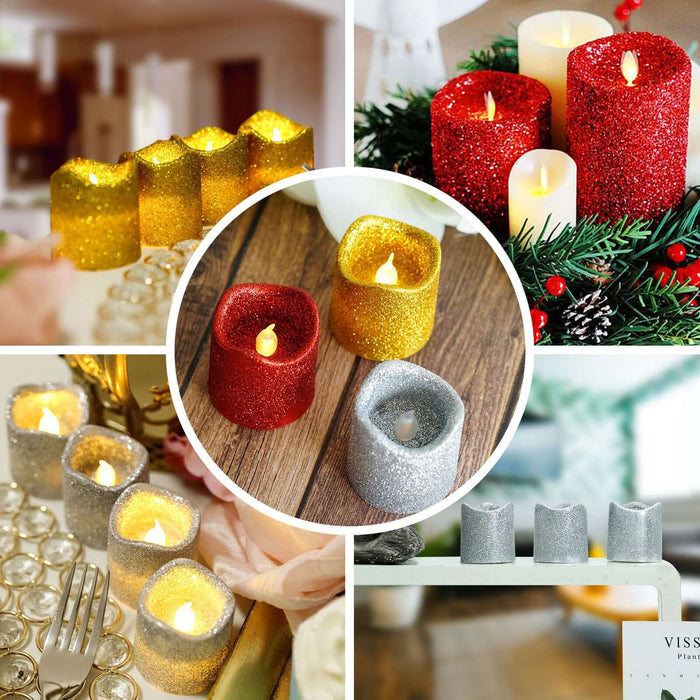 Decorative glitter candles in gold, red, and silver with glowing flames.