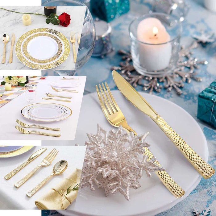 Elegant gold cutlery set on festive table with decor and candles.