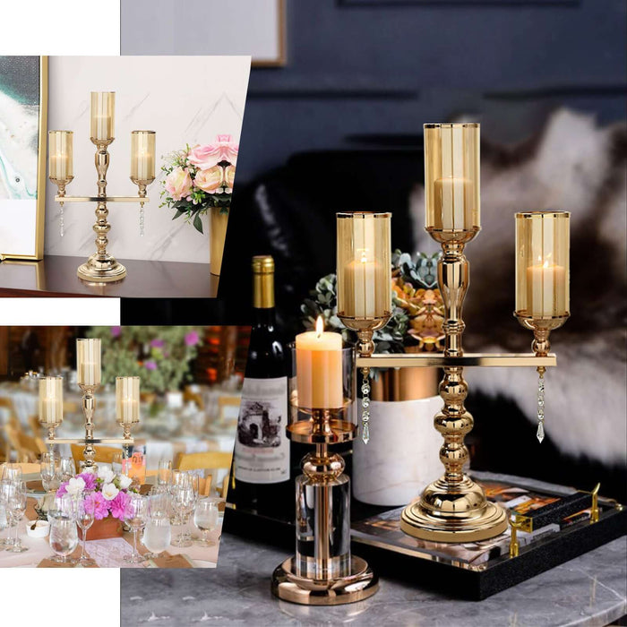 Elegant gold candle holder with glass shades for stylish decor.