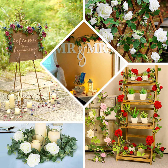 Decorative floral arrangements and wedding decor elements in various settings.