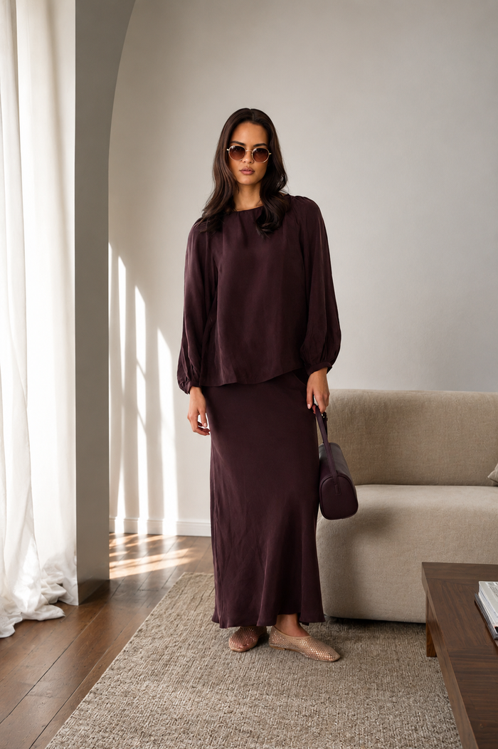 Adorne Mae Cupro Plum Skirt