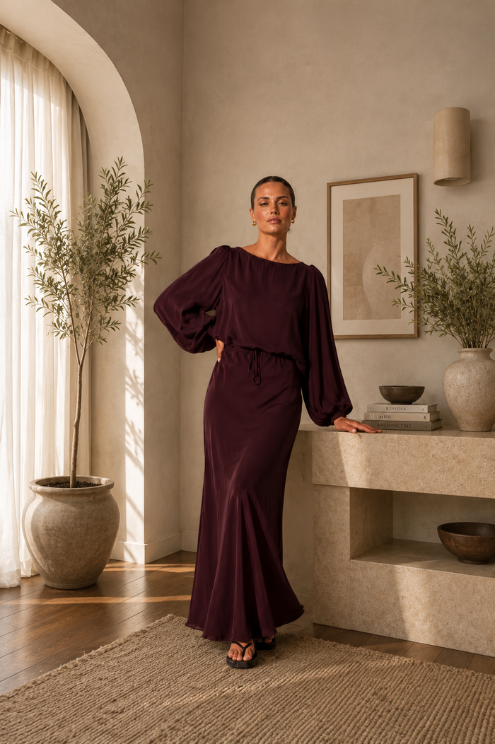 Adorne Ulla Boat Neck Cupro Top in Plum