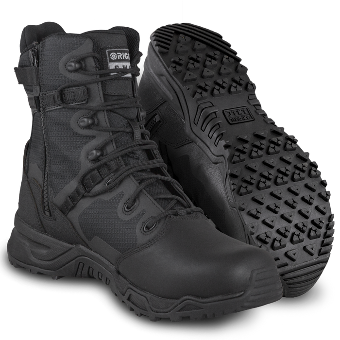 A pair of Original SWAT black Alpha Fury 8 work boots with polishable toe and side zip feature.