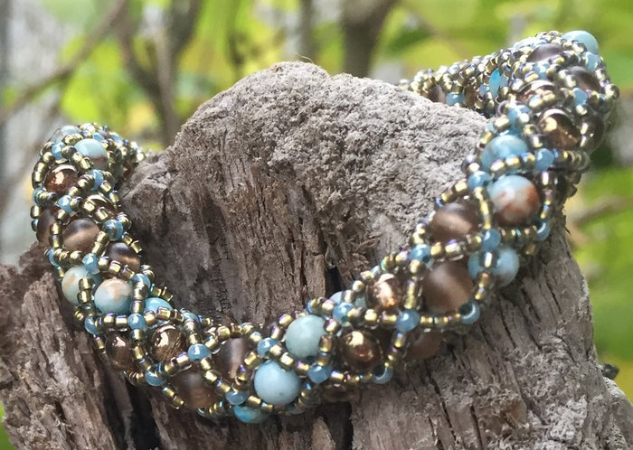 Brown and Light Blue with Metallic Bronze Czech Glass and Amazonite Mineral Beaded Netted Bracelet