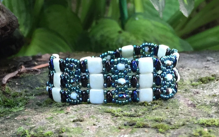 Opaque Seafoam and Electric Blue Czech Glass Beaded Bracelet