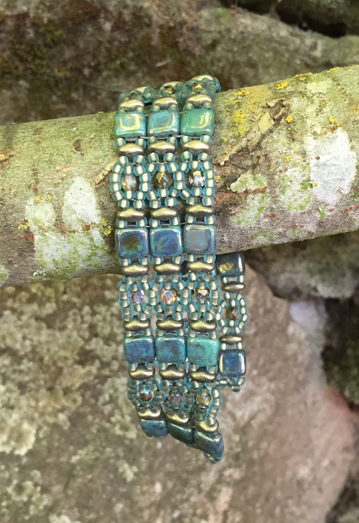 Patina Green and Bronze Czech Glass Beaded Bracelet