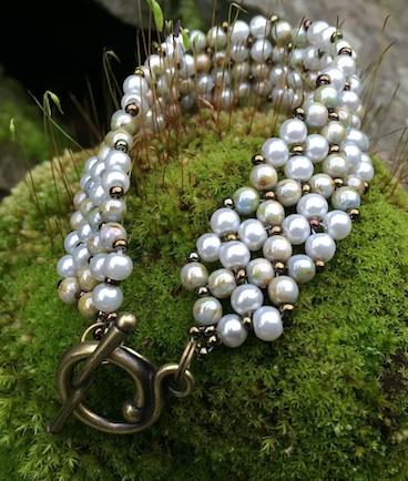 Pearl and Moonglow with Gold Czech Glass and Swarovski Beaded Bracelet