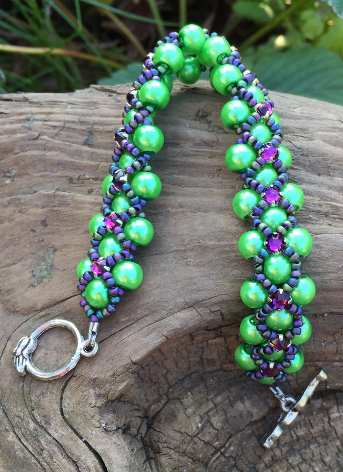 Beaded Bracelet - Pearl Monster - Vivid Green and Violet