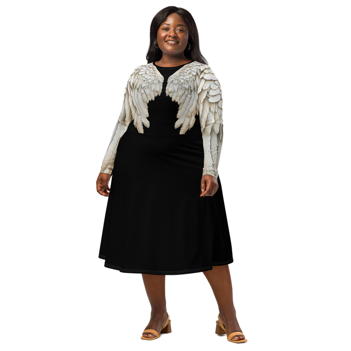 Black Angel Wings Midi Dress — Long Sleeve All-Over Print Festival Dress