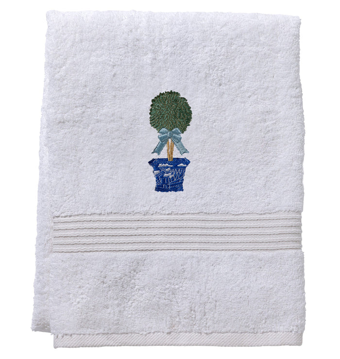 Boxwood Topiary Embroidered Cotton Terry Bath Towel — embroidered textile and product presentation