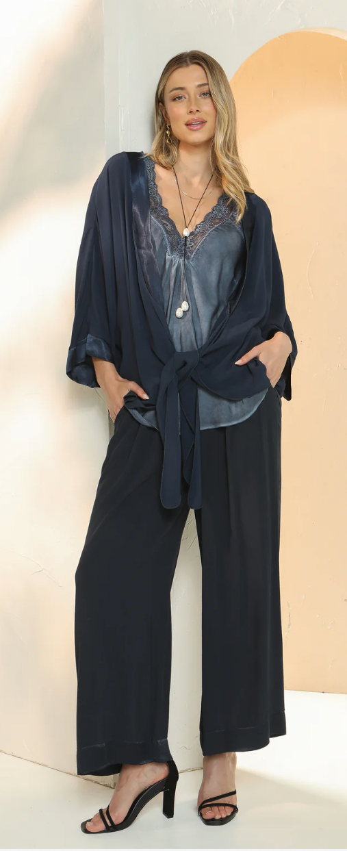 Elizabeth Scott- Viscose Pants with Satin Trim and Woven Waistband Sand