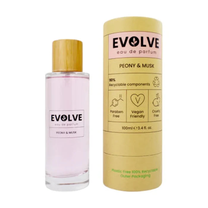 Eau de parfum EVOLVE Peony & Musk 100ml en flacon verre avec bouchon bambou et son étui cylindrique en carton recyclable certifié vegan et cruelty free