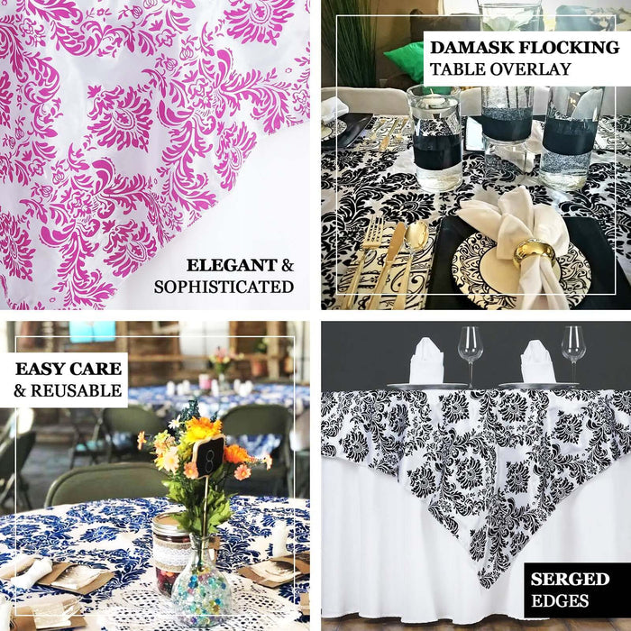 Elegant damask table overlays in various colors for sophisticated events.