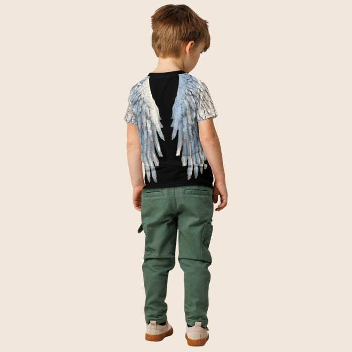 Grey & Black Angel Wings Unisex Kids T-Shirt — Cotton Blend Tee