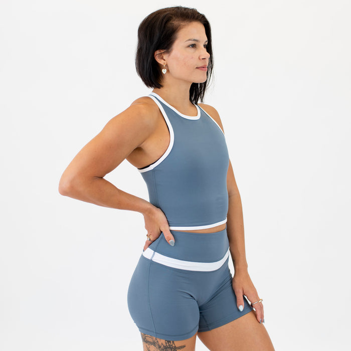 Slate Blue & White High Neck Racerback Crop Tank - Fitted