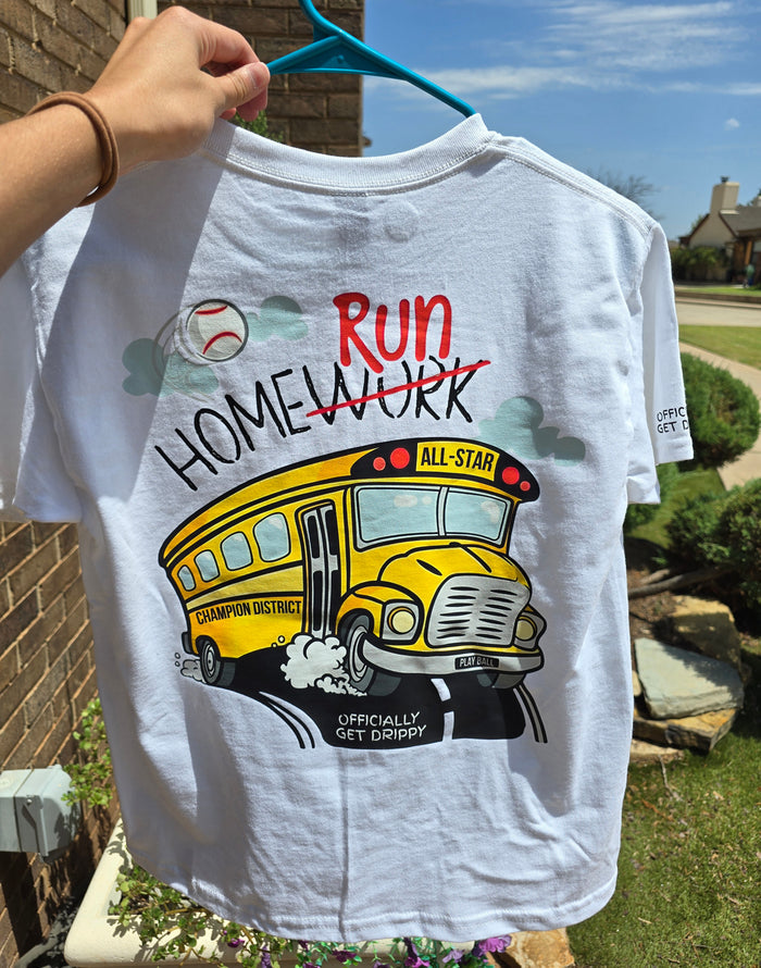 Officially Get Drippy white youth baseball t-shirt featuring a vintage yellow bus and "Home Run" graphic, athletic clothing for kids