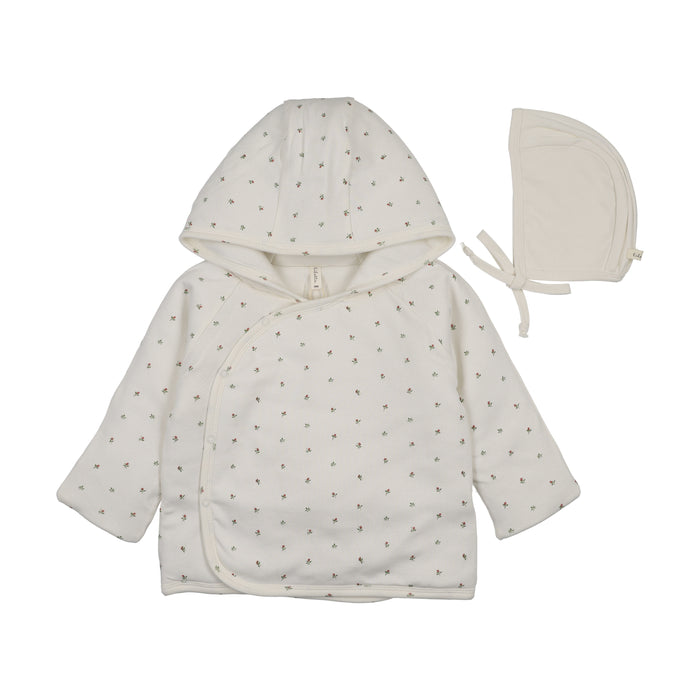 jacket bitsy floral wrap with hood - cream/pink