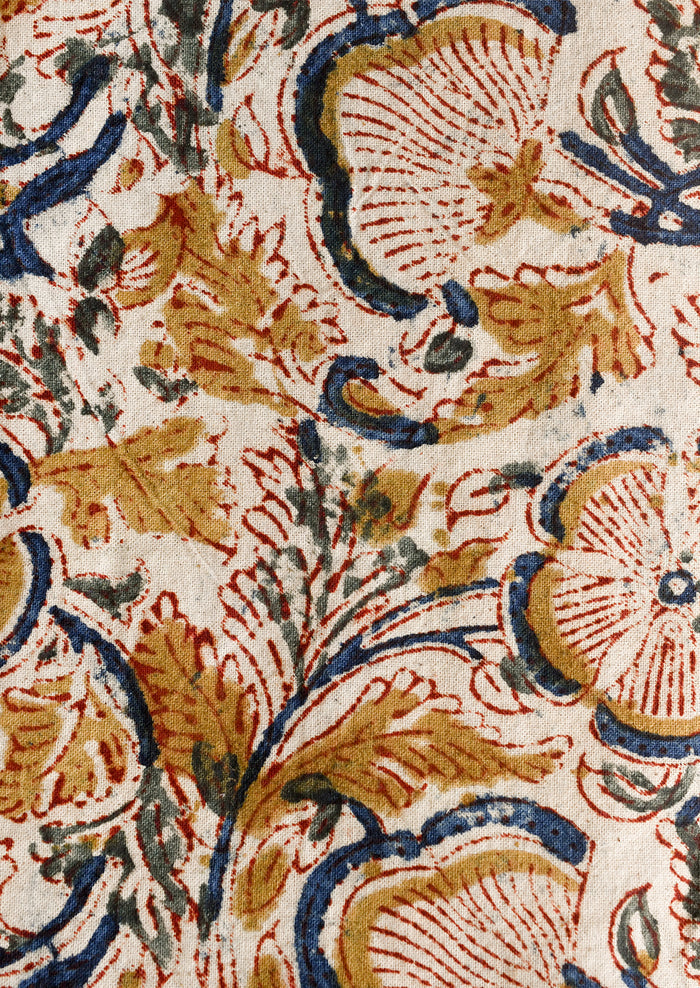 Close-up of a floral pattern with blue, gold, and red colors on a white background.