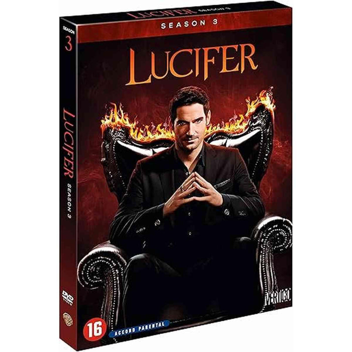 Coffret DVD Lucifer-Saison 3 intégrale avec le personnage principal assis sur un trône enflammé, catégorie Media > Videos > DVDs. Série culte à suspense et fantastique.