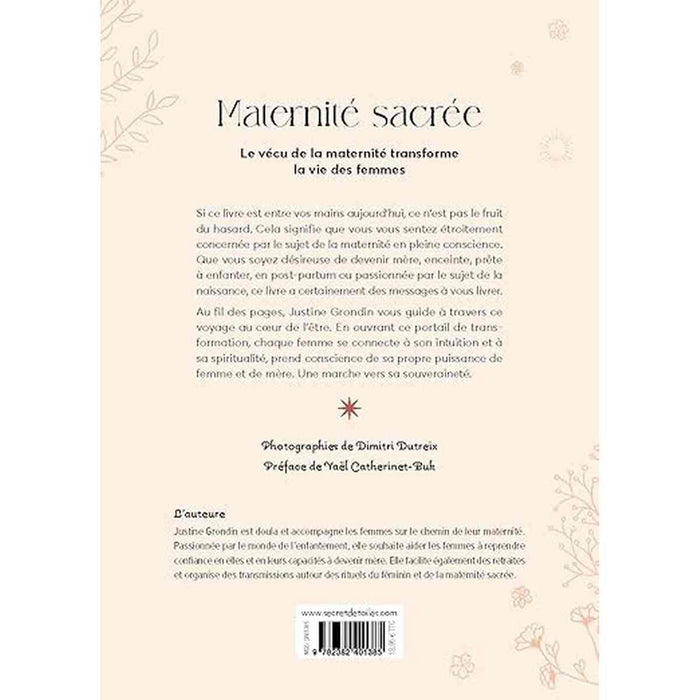 Page de présentation du livre 'Maternité Sacrée', avec texte évoquant la transformation, la spiritualité et la conscience de la maternité.