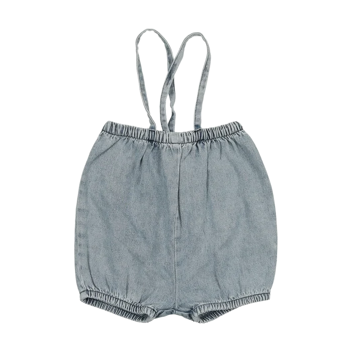 one piece bubble suspender short - light wash