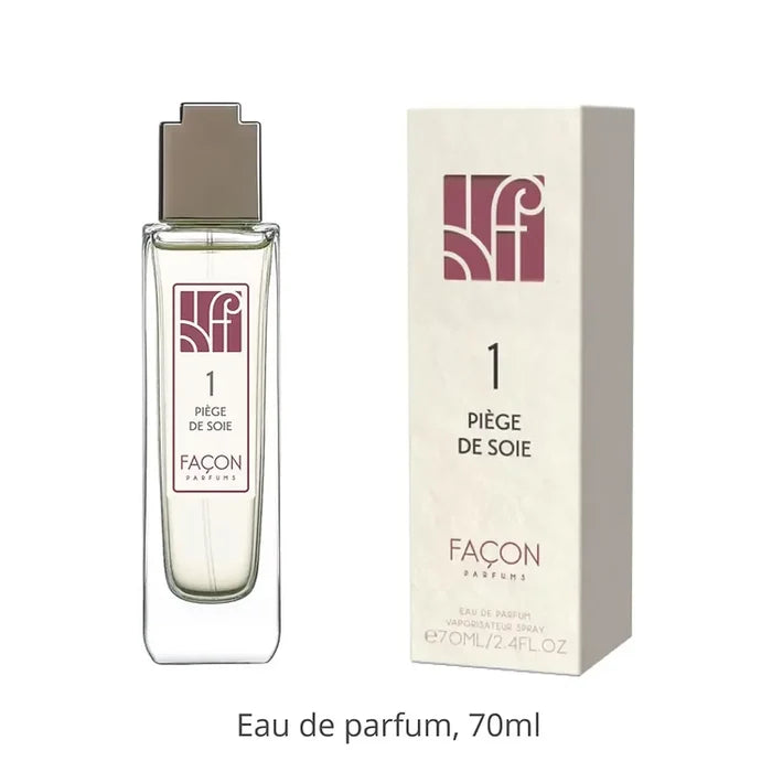 Flacon élégant de Piege De Soie 1 Eau de Parfums de Folleville pour homme et femme 70 ml avec son étui raffiné, parfum floral unisexe haut de gamme.
