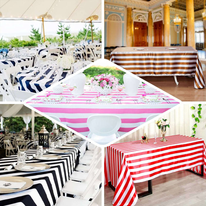 Striped tablecloths in various colors and settings for event decoration.