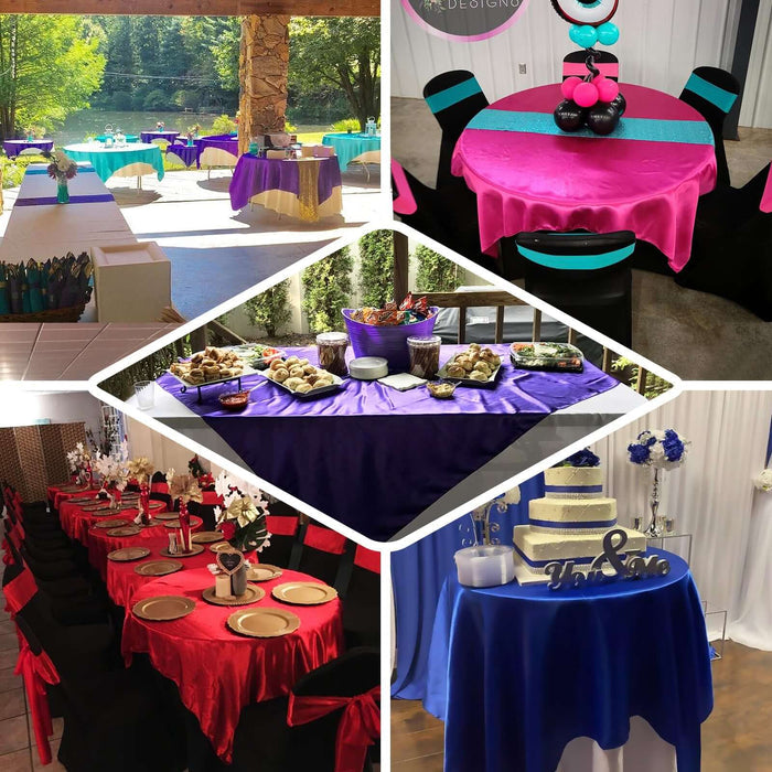 Colorful event table setups with various decorations and themes.