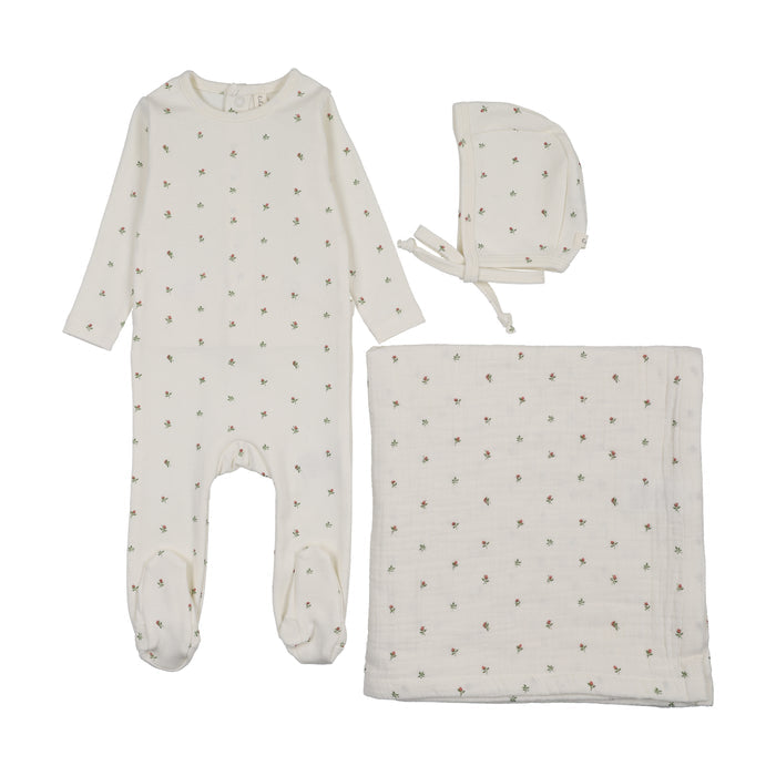 set footie bitsy floral with bonnet and blanket - cream/pink