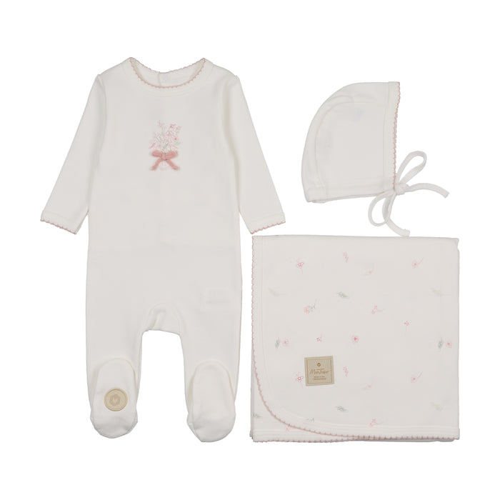 set footie bundle of blossoms with bonnet and blanket - ivory/pink