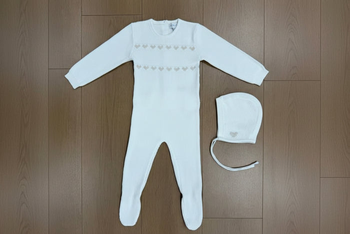 set knit chunky heart footie and bonnet - white/beige