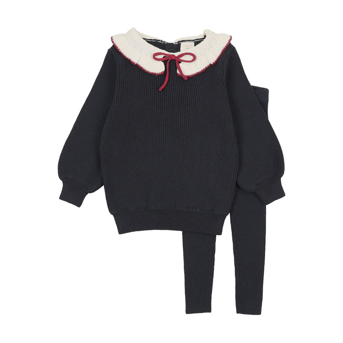 set outfit knit ruffle collar sweater and leggings - navy