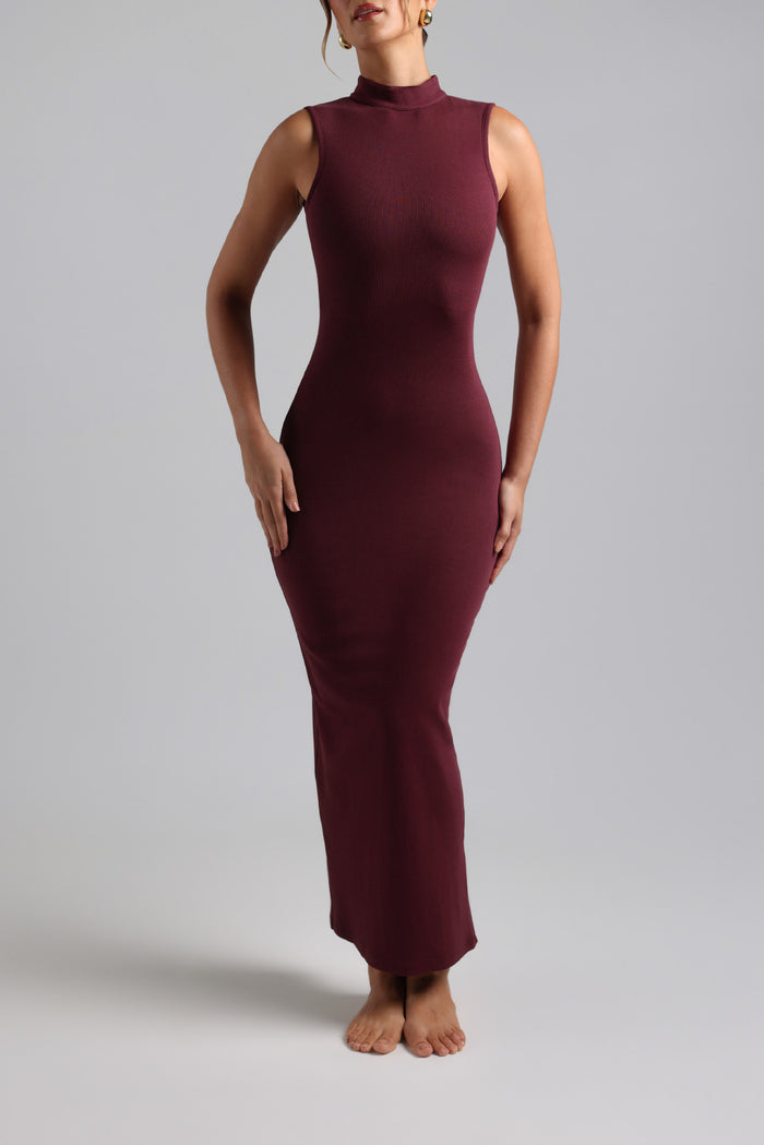 Sleeveless Mock Neck Maxi Dress - Black Cherry