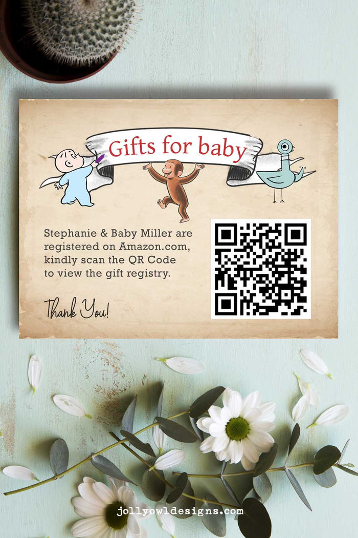 Storybook Themed Baby Shower Registry Card with QR Code - Jolly Owl Designs