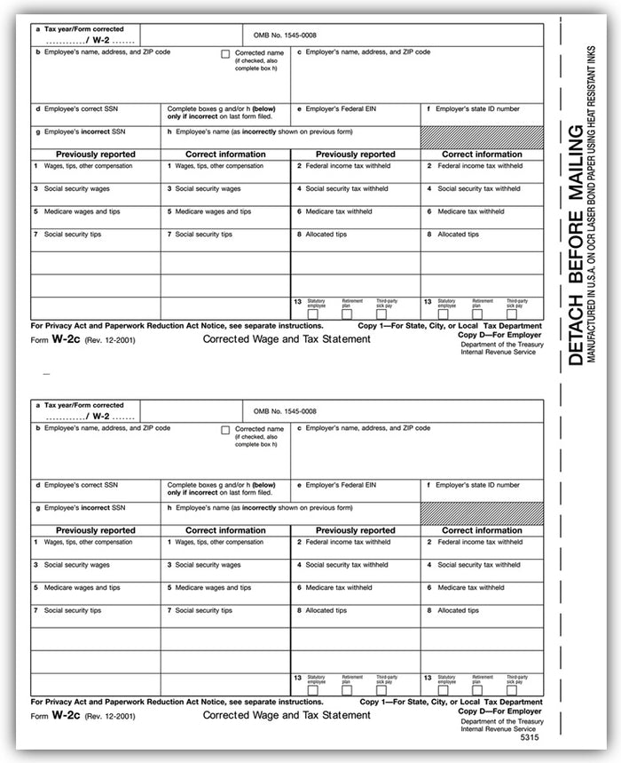 TF5315 Laser W-2C Corrected Wage State City or Local Copy 1 or D
