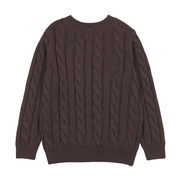 top l/s chunky cable knit v sweater - chocolate brown