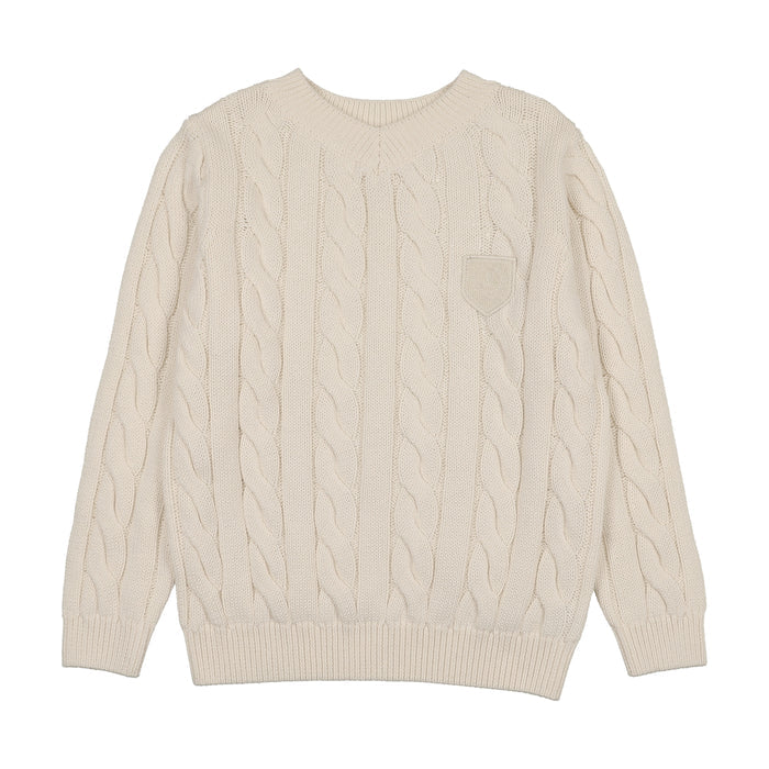 top l/s chunky cable knit v sweater - cream
