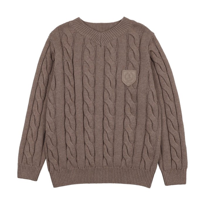 top l/s chunky cable knit v sweater - misty oat heather