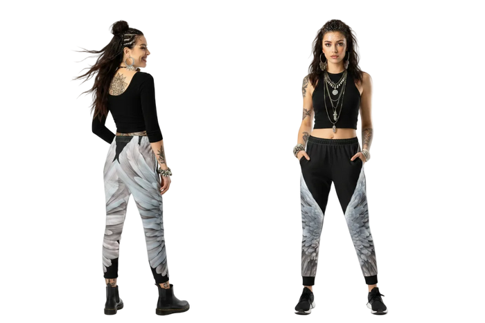 Wings Print Women's Recycled Joggers— All-Over Print Festival Pants - Black and Grey