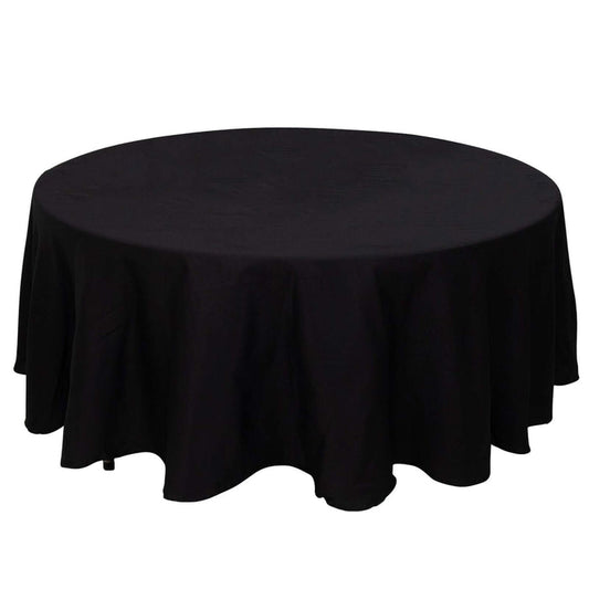 Black round tablecloth with elegant drape.