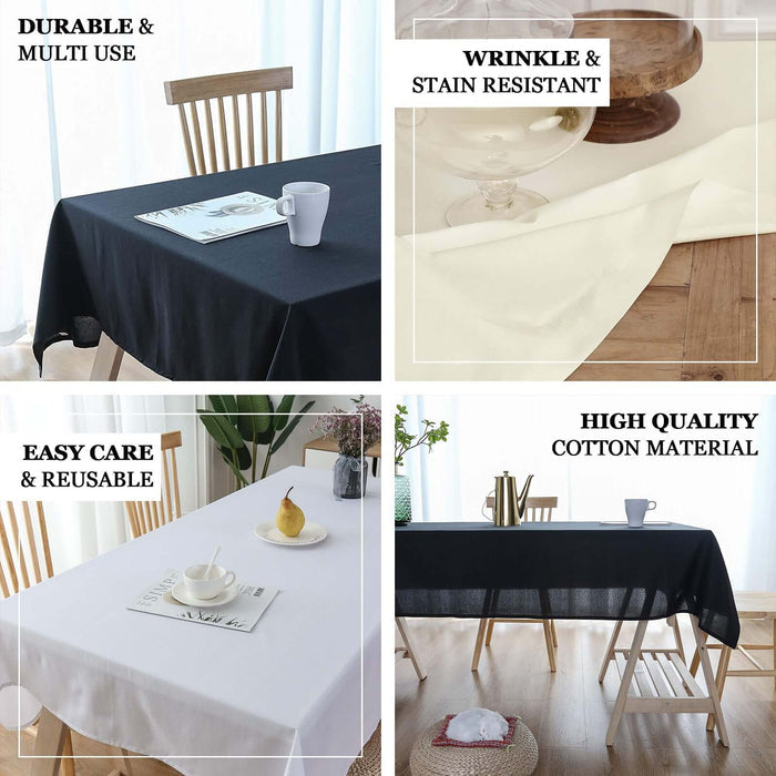 Durable and multi-use tablecloth, wrinkle and stain resistant, easy care cotton material.