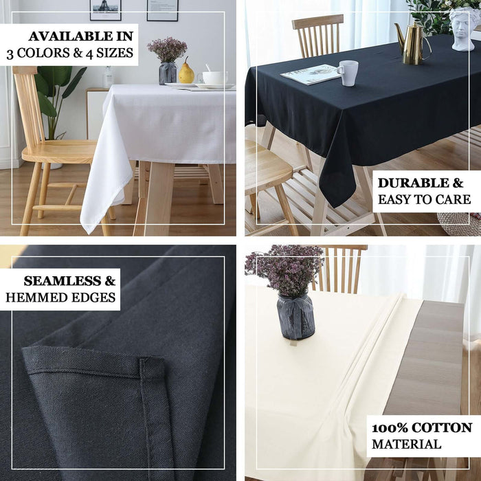 Durable cotton tablecloth available in three colors and four sizes.