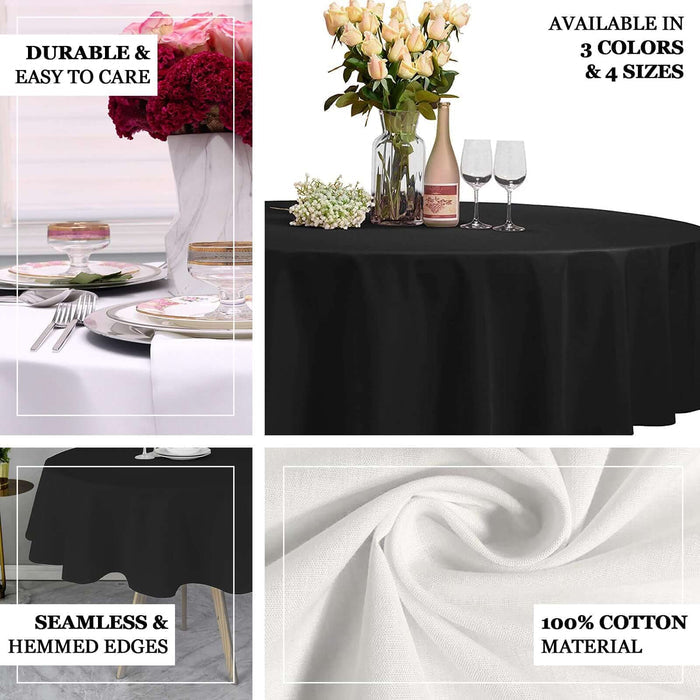 Durable cotton tablecloth in black, seamless design, available in 3 colors and 4 sizes.