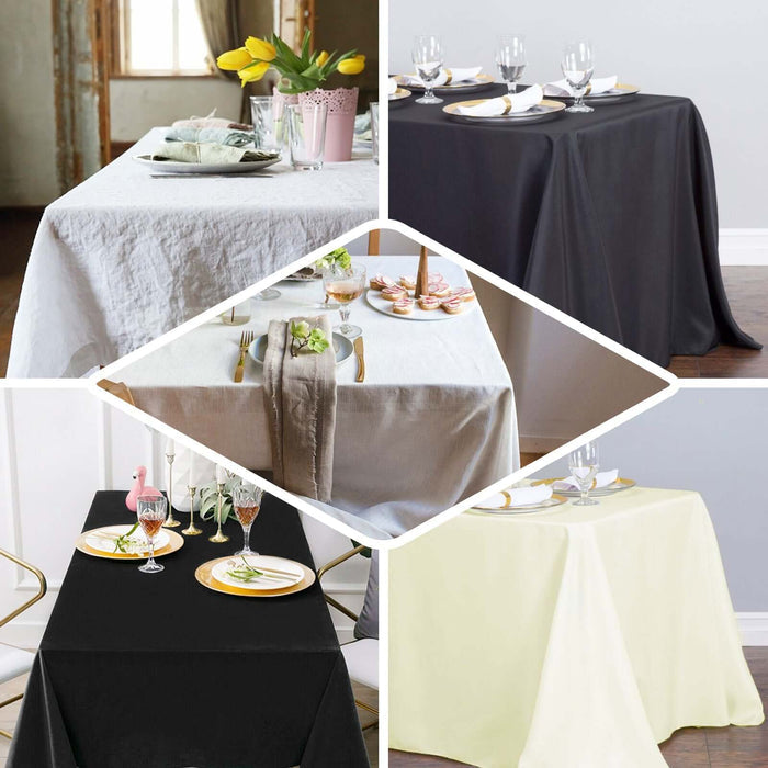 Collage of elegant table linens in various colors and styles for dining settings.