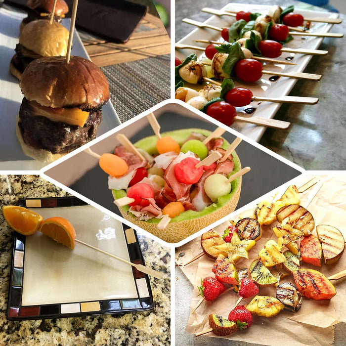 Assorted grilled foods and skewers on plates.