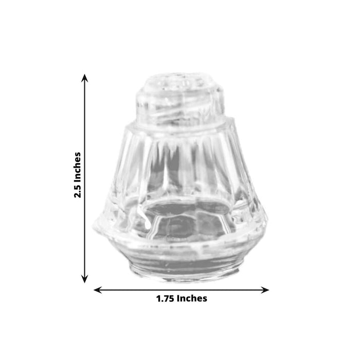 Clear glass condiment jar, 2.5 inches tall and 1.75 inches wide.