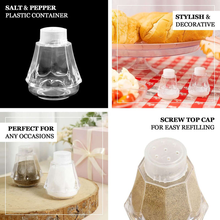 Salt and pepper plastic container for easy refilling and stylish decoration.